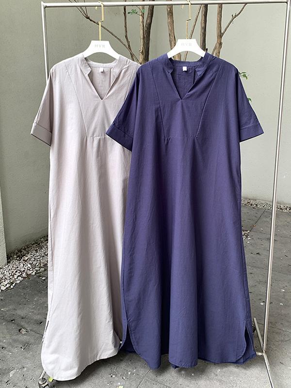 Loose Short Sleeves Solid Color V-Neck Maxi Dresses Product Image