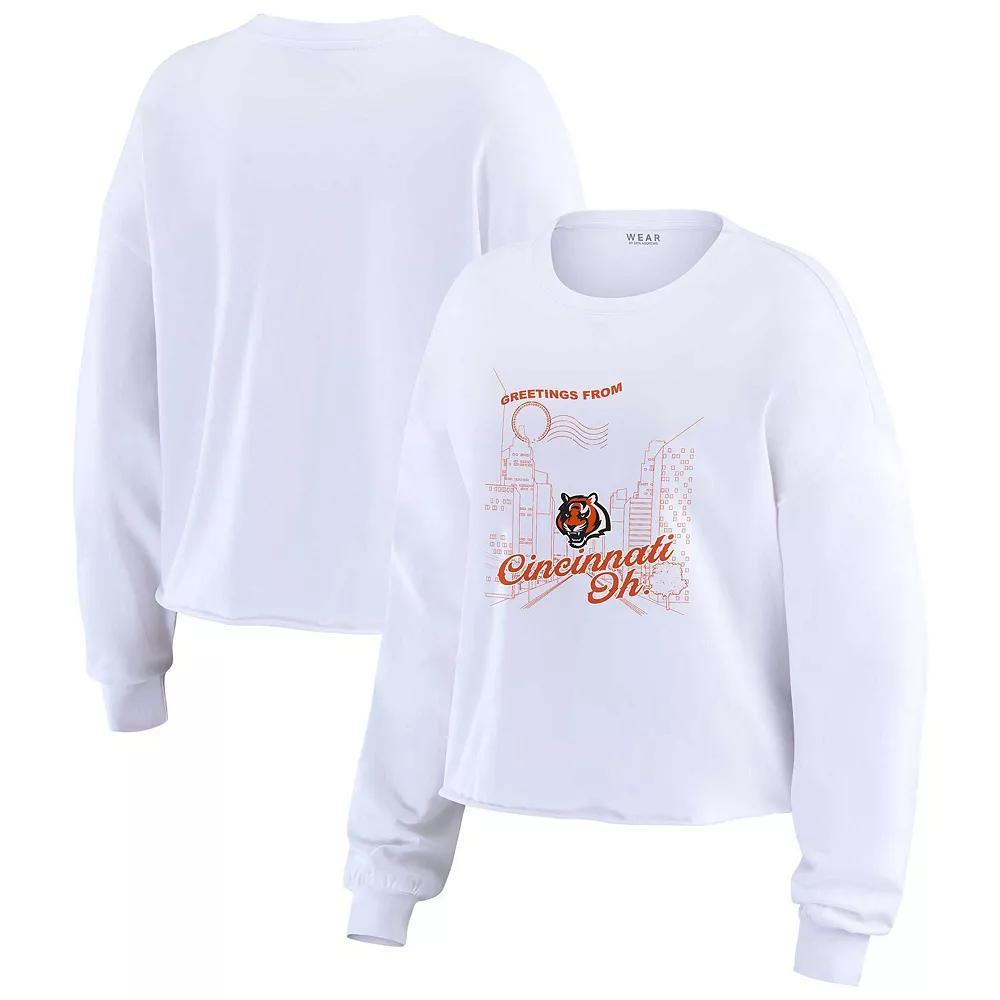 Women's WEAR by Erin Andrews White Cincinnati Bengals Postcard Cropped Long Sleeve Top, Size: Large Product Image