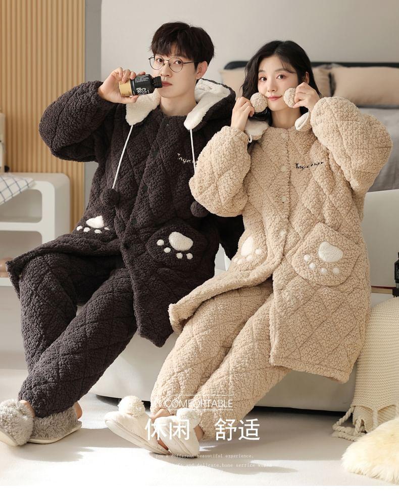 Couple Matching Pajama Set: Cartoon Patterned Hood Coral Fleece Button Jacket + Straight Leg Pants Product Image