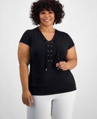 Plus Size Lace-Up-Neck Short-Sleeve Top, Created for Macy's  Product Image