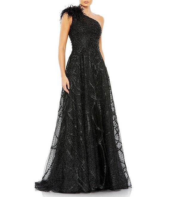 Mac Duggal Embellished Asymmetrical Neck Sleeveless Feather Shoulder A-Line Gown Product Image
