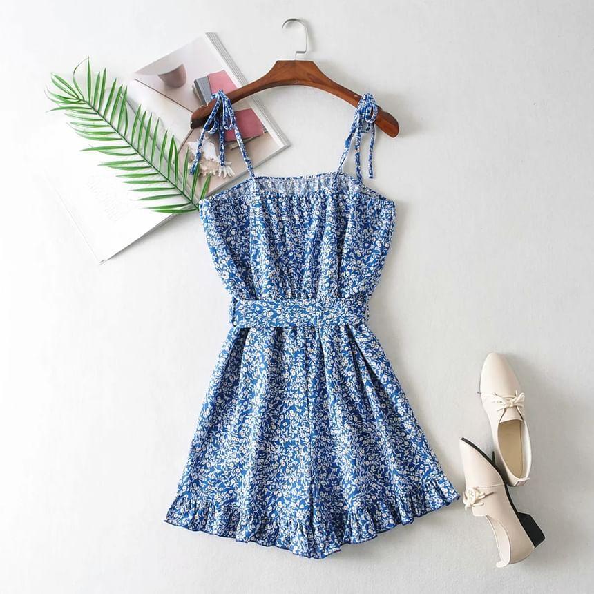 Spaghetti Strap Floral Ruffle Tie-Waist Romper Product Image