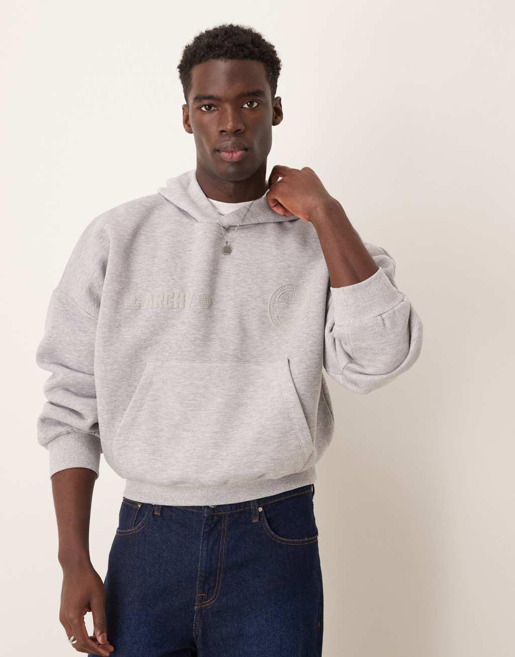 ASOS DESIGN oversized dropped shoulder cropped hoodie in gray with chest print Product Image