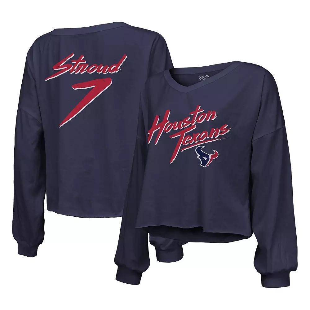 Women's Majestic Threads C.J. Stroud Navy Houston Texans Name & Number Script Off-Shoulder Cropped Long Sleeve T-Shirt,  Product Image