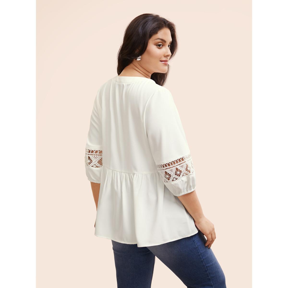 Plus Size WhiteSmoke Notched Patchwork Cut Out Lantern Sleeve Blouse Women At the Office Elbow-length sleeve Flat collar with V-notch Office Blouses BloomChic 30/6X Product Image
