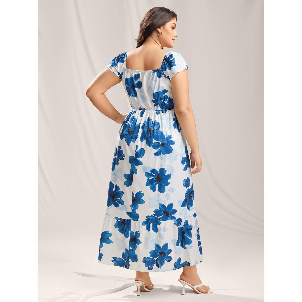 Plus Size Floral Pattern Shirred Pockets Midi Dress Mediumblue Women Romantic Square Neck Cap Sleeve Curvy BloomChic 18-20/2X Product Image