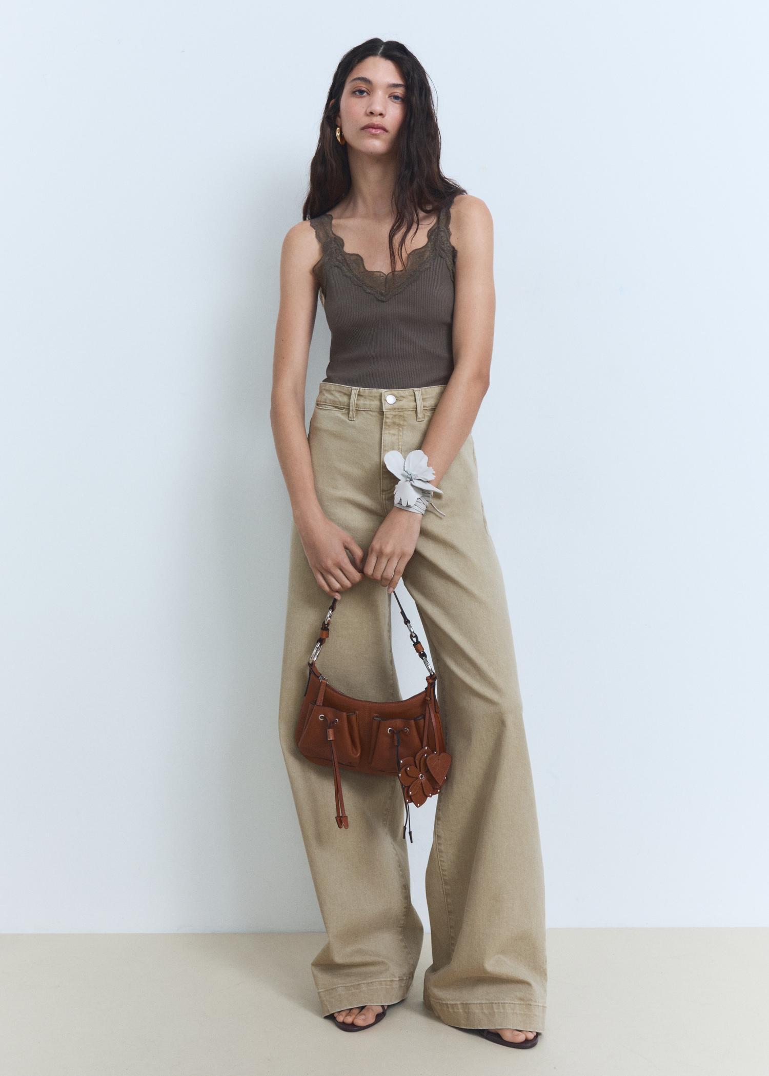 Fitted top with lace neckline - Women | MANGO USA Product Image