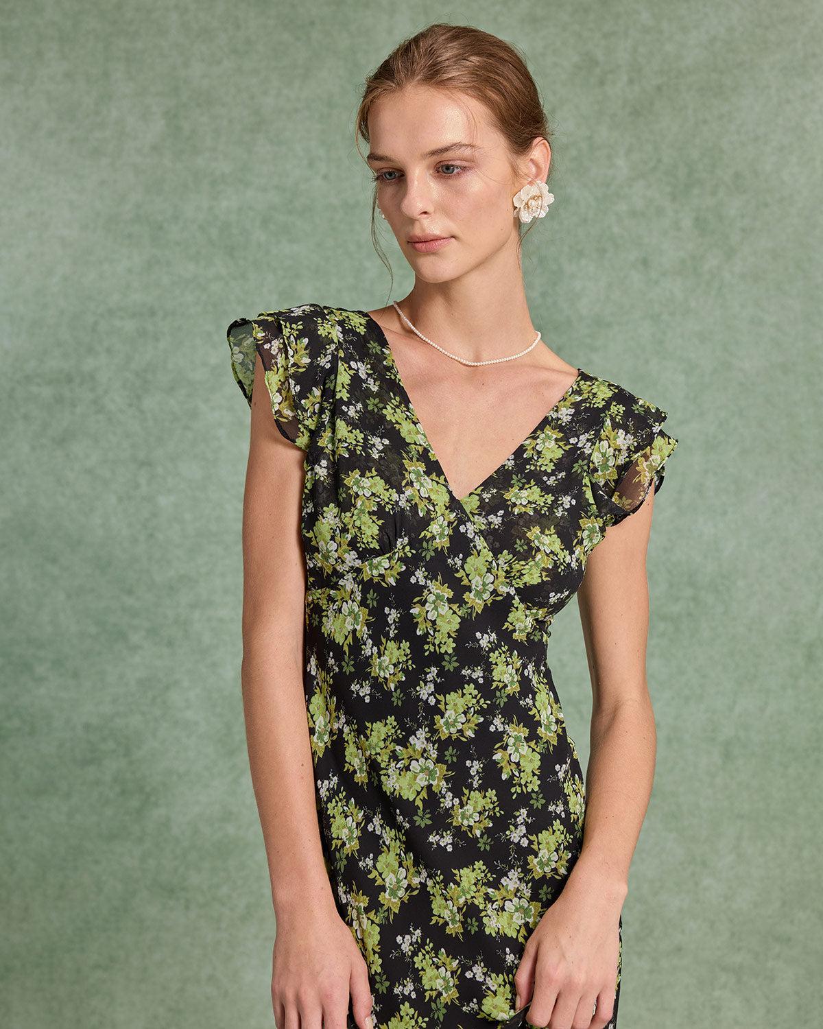 Black Floral V Neck Ruffle Midi Dress Product Image