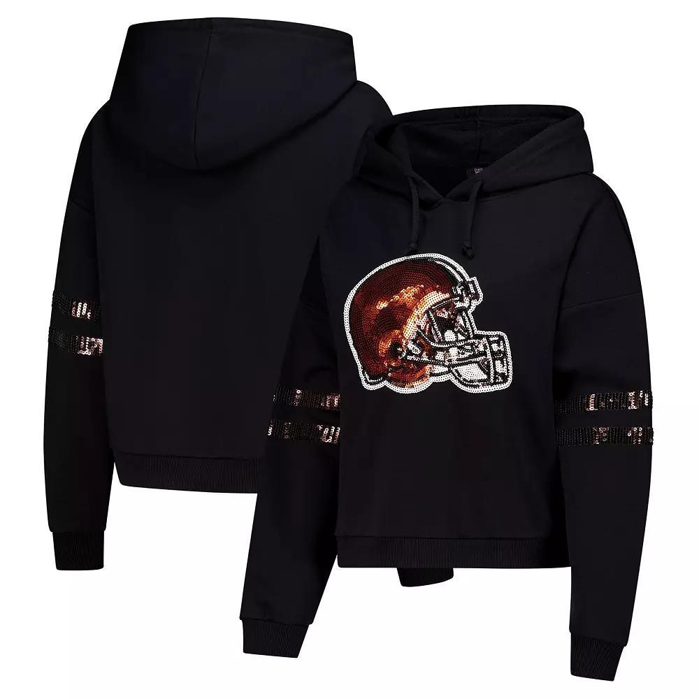 Women's Cuce Black Cleveland Browns Cropped Sequins Pullover Hoodie,  Product Image