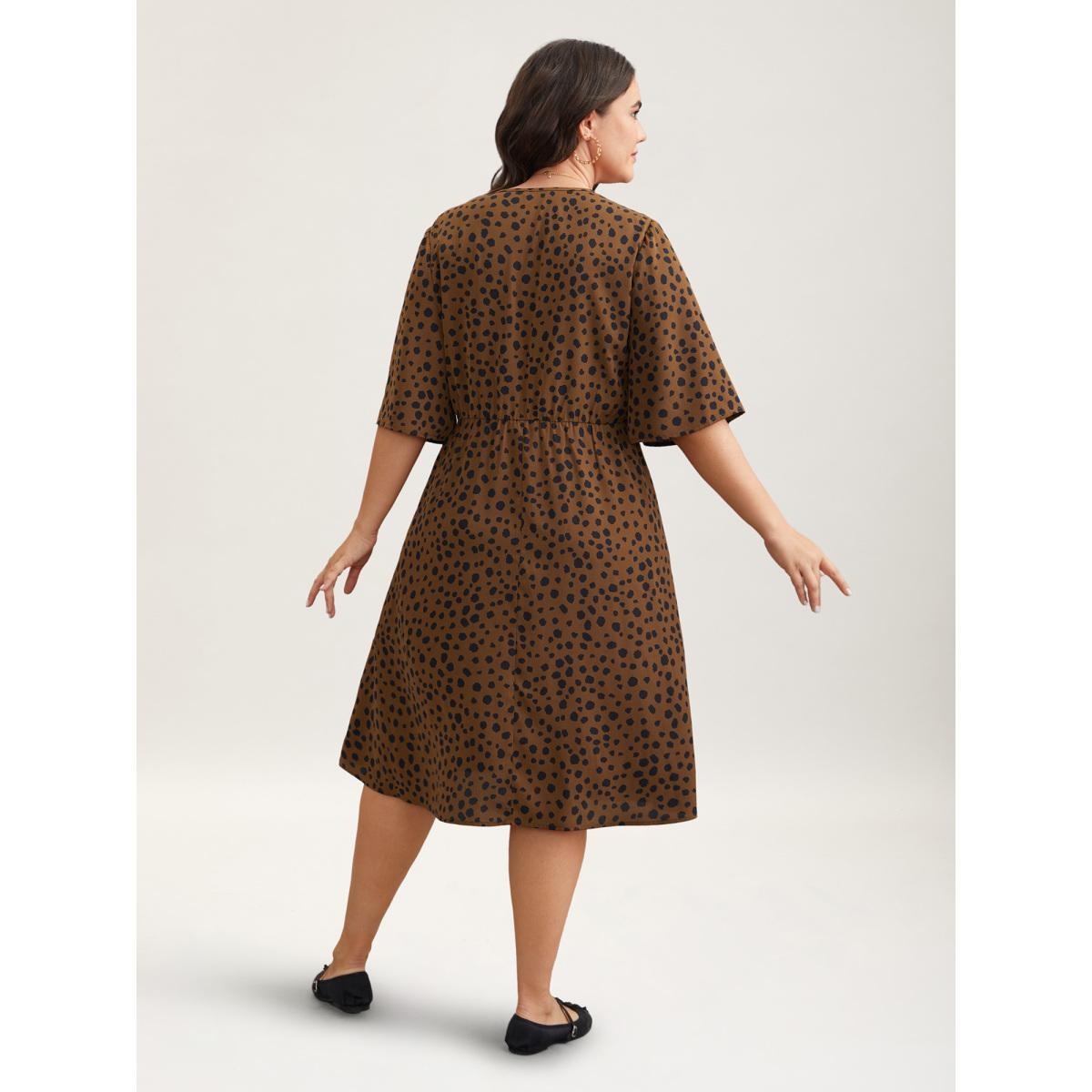 Plus Size Leopard Print Button Placket Midi Dress Browncoffeecolor Women Casual Button V-neck Half Sleeve Curvy BloomChic 14-16/1X Product Image