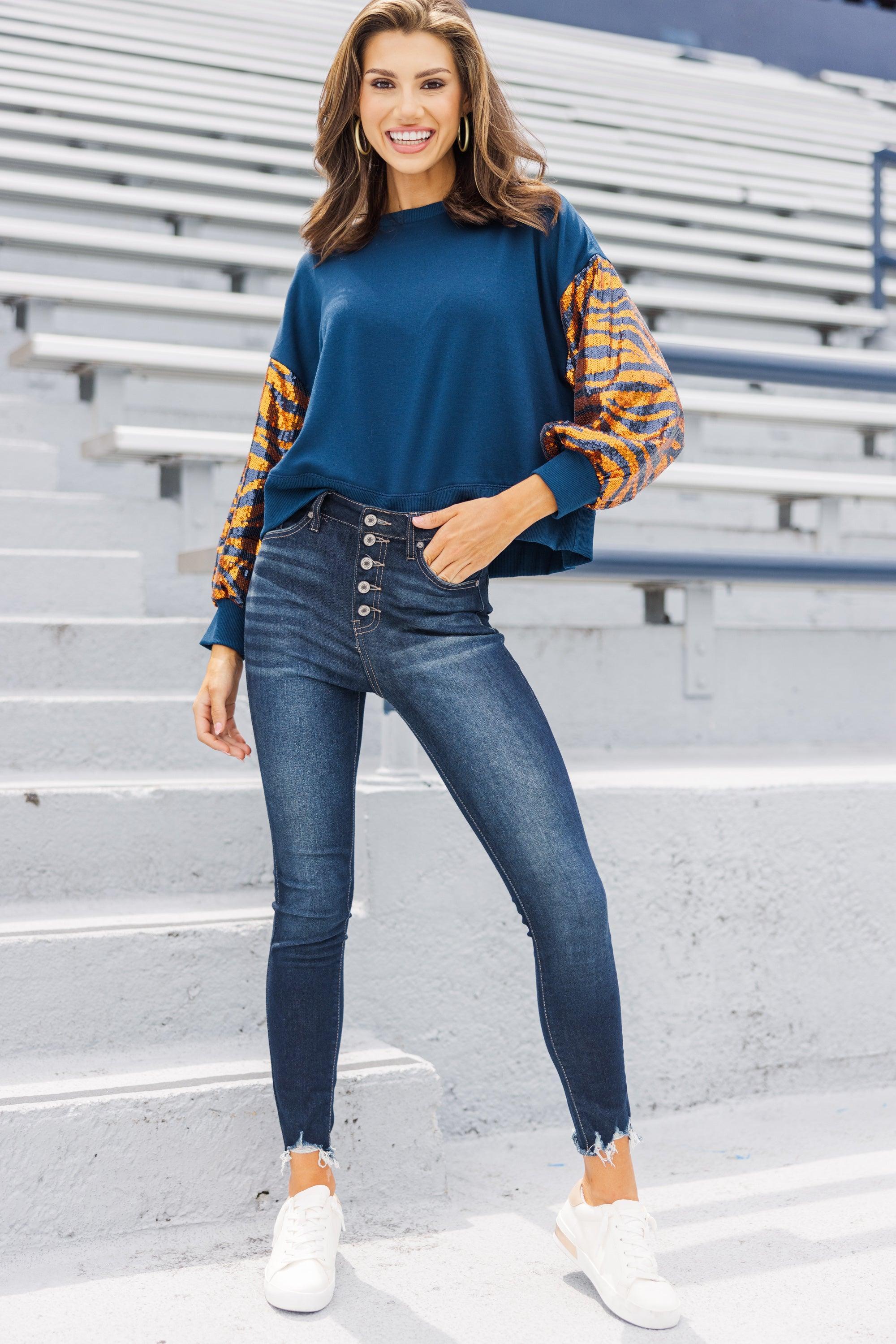 First In Line Navy Blue Tiger Sequin Blouse Female Product Image