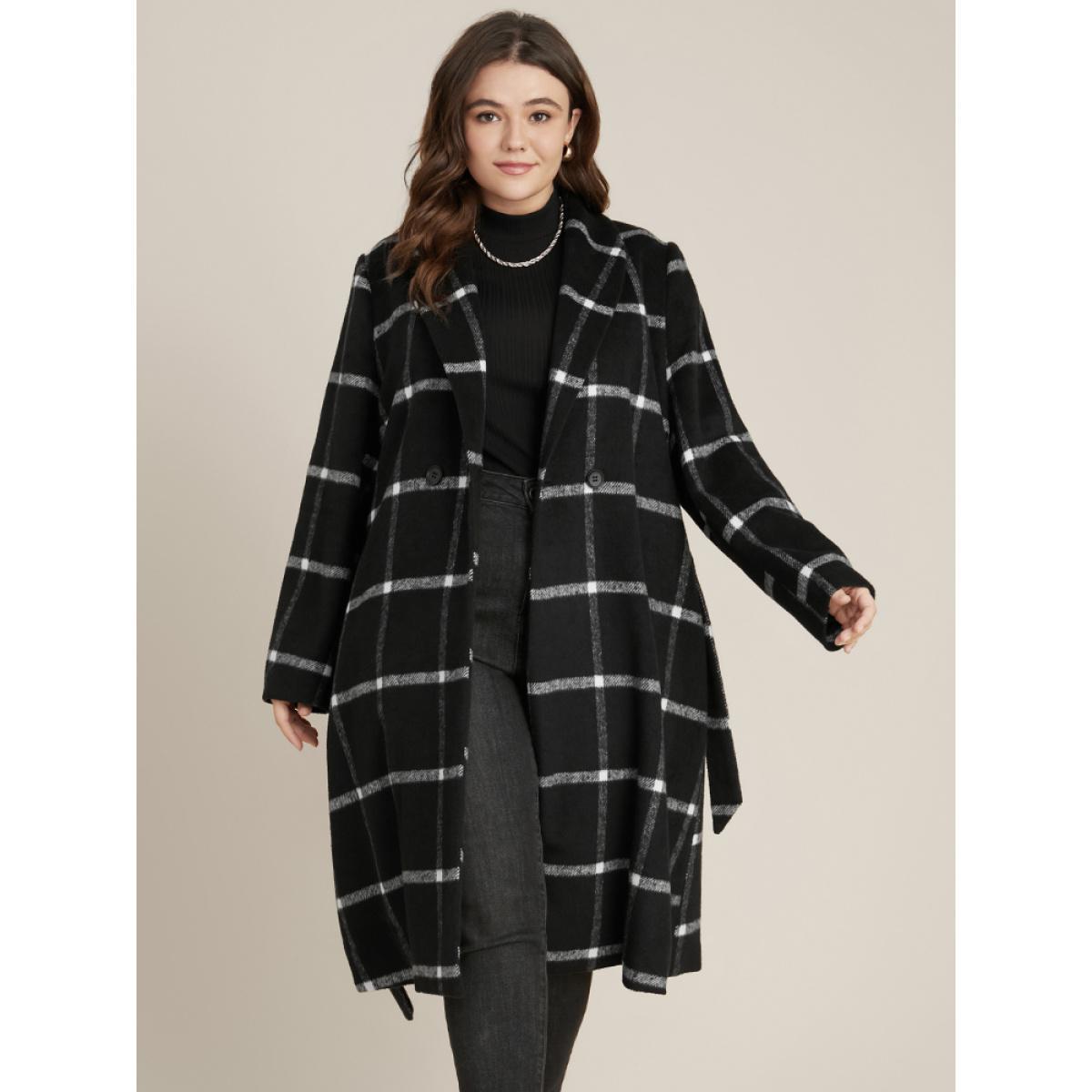 Plus Size Plaid Lapel Collar Belted Pocket Coat Women Black Elegant Belted Ladies Dailywear Winter Coats BloomChic 10/M Product Image
