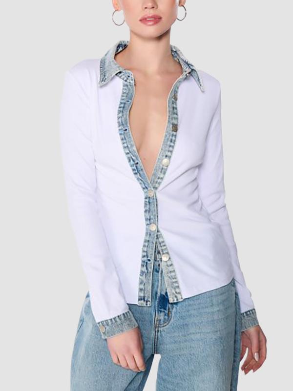 Long Sleeves Skinny Buttoned Split-Joint Lapel Blouses&Shirts Tops Product Image