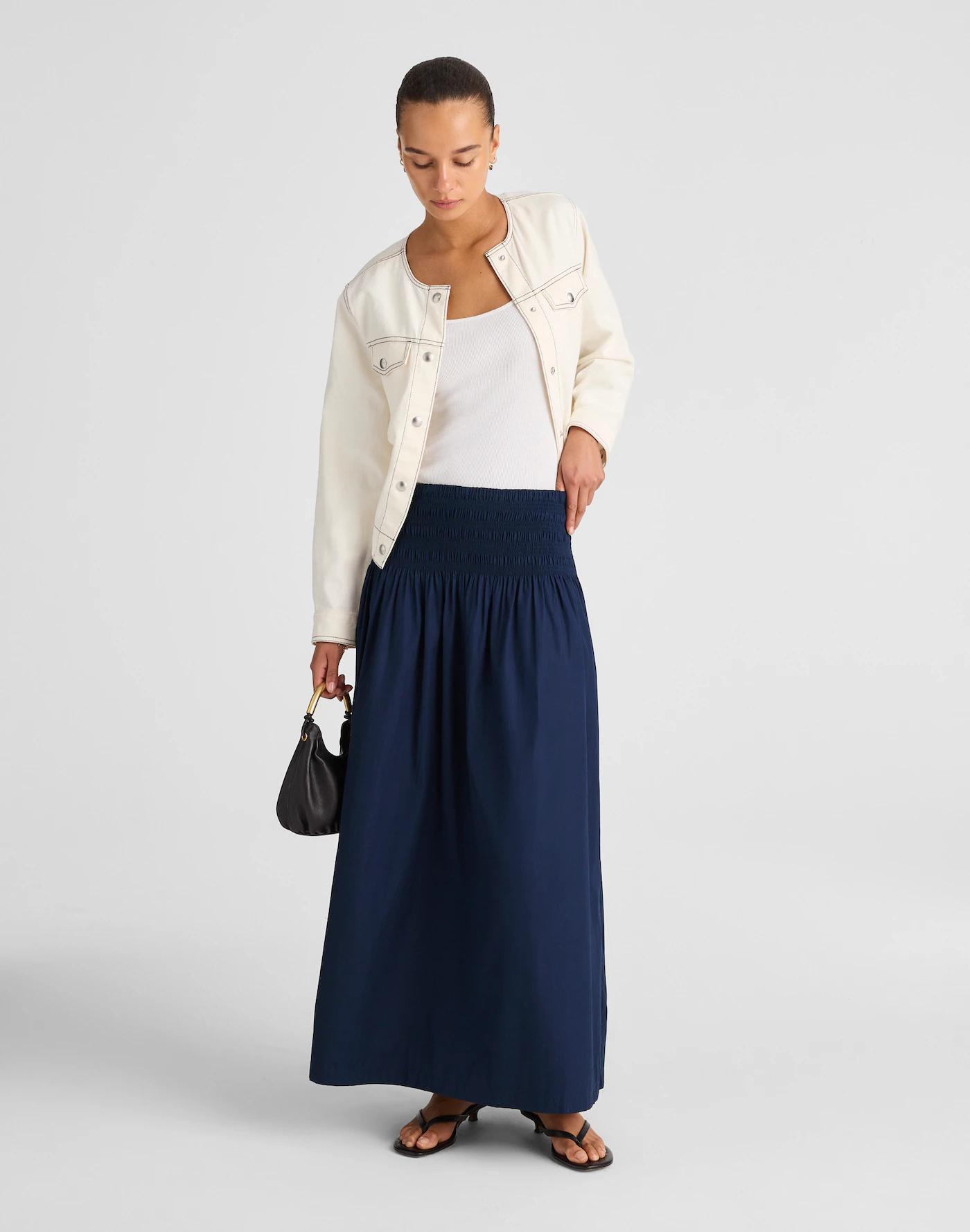 Smocked-Waist Poplin Midi Skirt Product Image