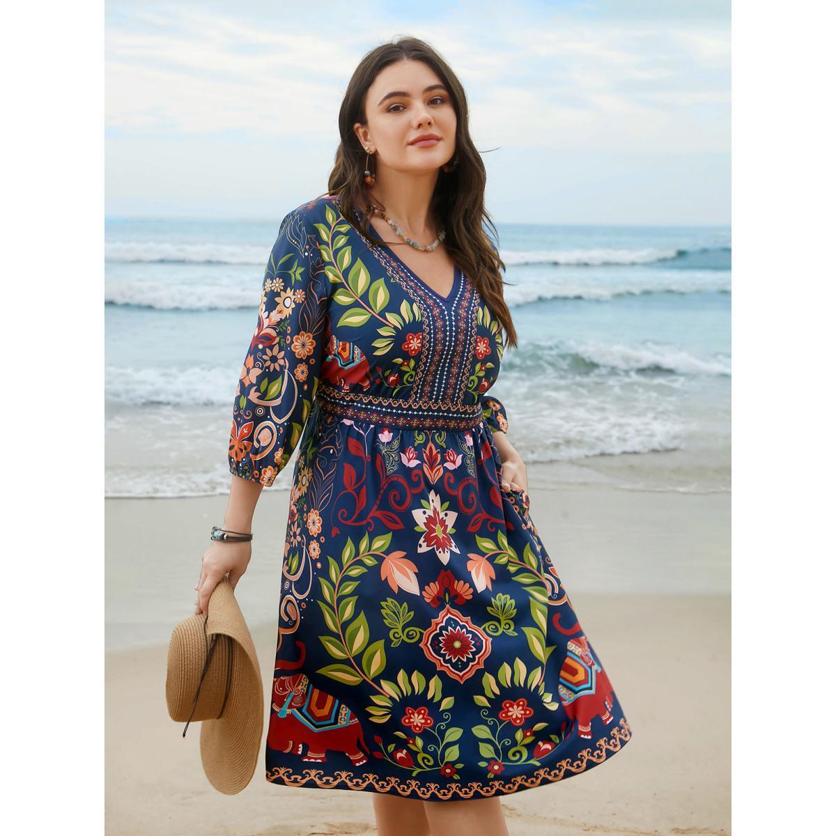 Plus Size Boho Print V-Neck Pockets Midi Dress DarkBlue Women Boho Non V-neck Elbow-length sleeve Curvy BloomChic 26/4X Product Image