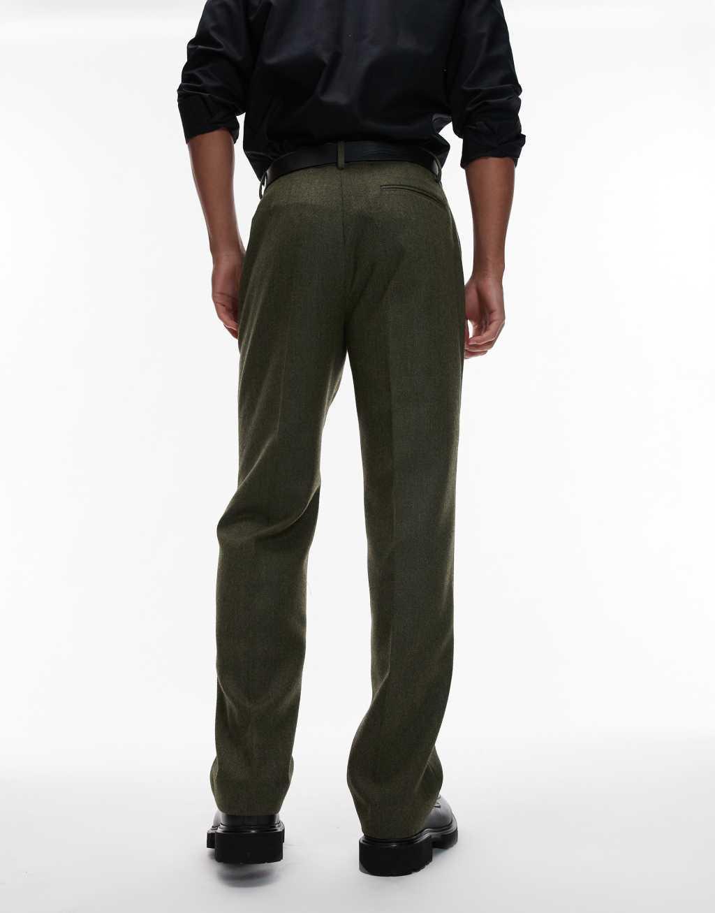 ASOS DESIGN smart straight leg pants in green wool look herringbone Product Image