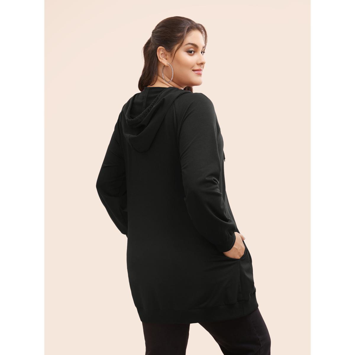 Plus Size Plain Zipper Hooded Drawstring Pocket Sweatshirt Women Black Casual Plain Hooded Dailywear Sweatshirts BloomChic 30/6X Product Image