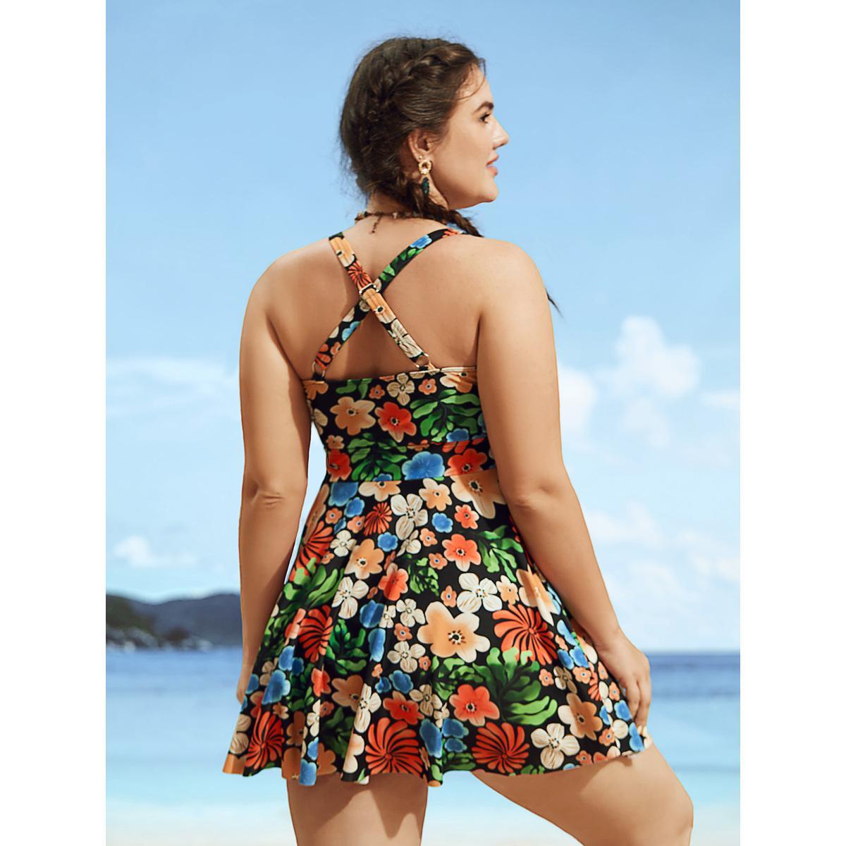 Plus Size Floral Heart Neckline Twist Front Swim Dress Women's Swimwear Multicolor Beach Bodycon Heart neckline High stretch Curve Swim Dresses BloomChic 22-24/3X Product Image