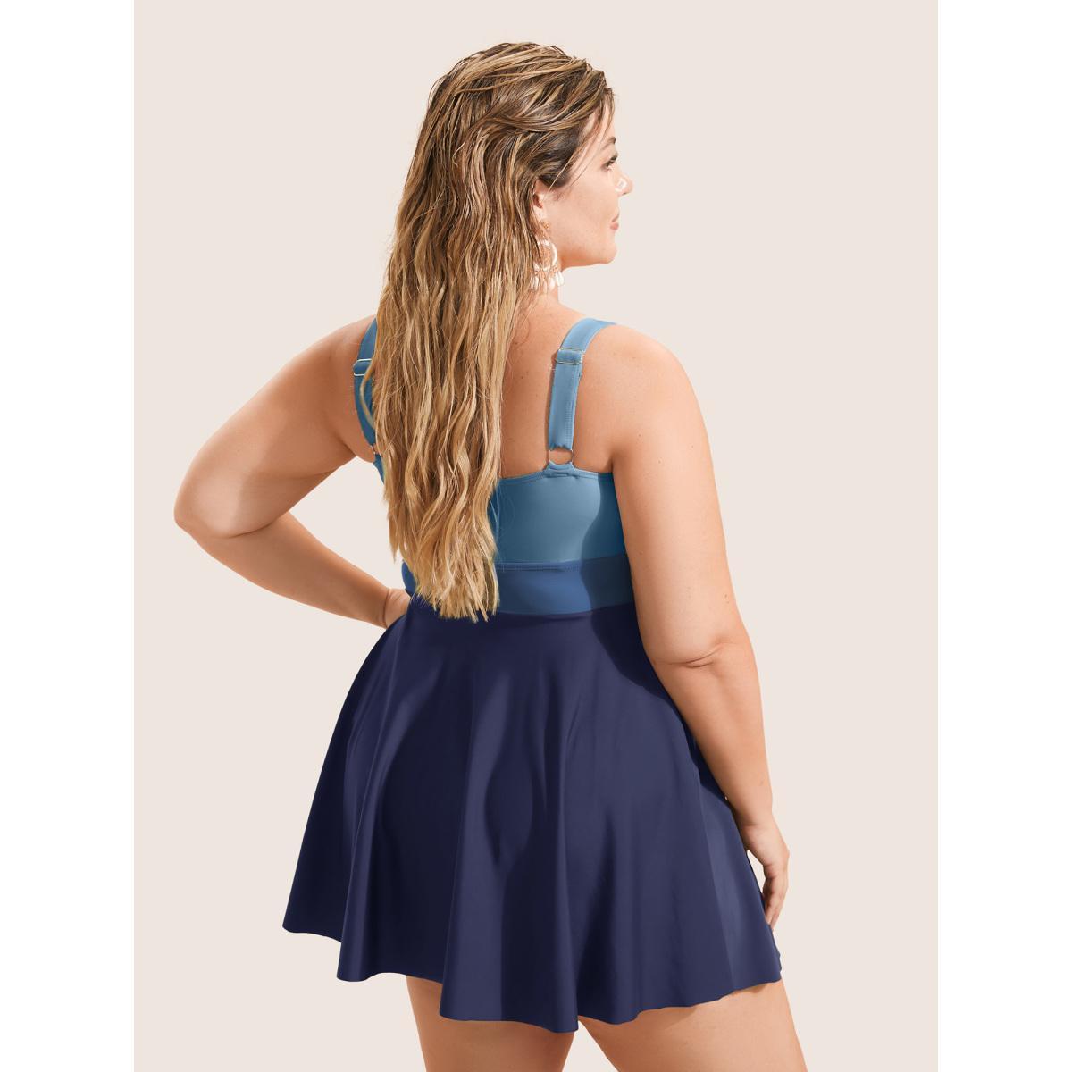 Plus Size Twist Front Patchwork Adjustable Straps Swim Dress Women's Swimwear Navy Beach Bodycon Heart neckline High stretch Curve Swim Dresses BloomChic 12/L Product Image