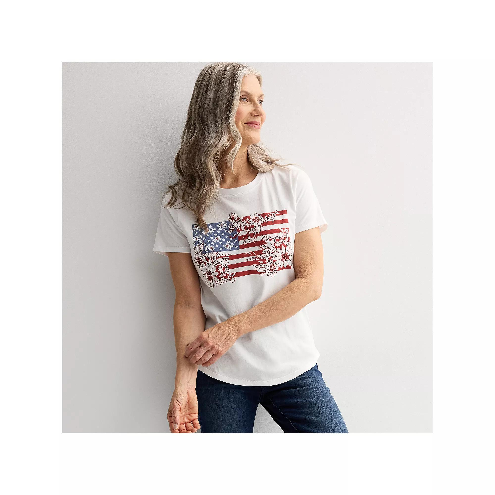 Women's Floral American Flag Graphic Tee, Size: Small, White Product Image