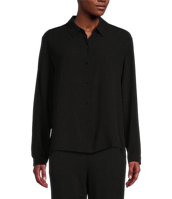 Eileen Fisher Petite Size Silk Georgette Crepe Point Collar Long Sleeve Button Front Shirt Product Image