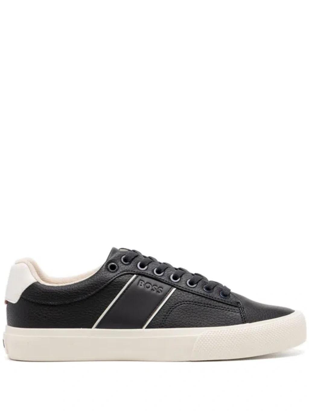 HUGO BOSS Faux-leather Trainers With Plain And Grained Textures In Blue Product Image