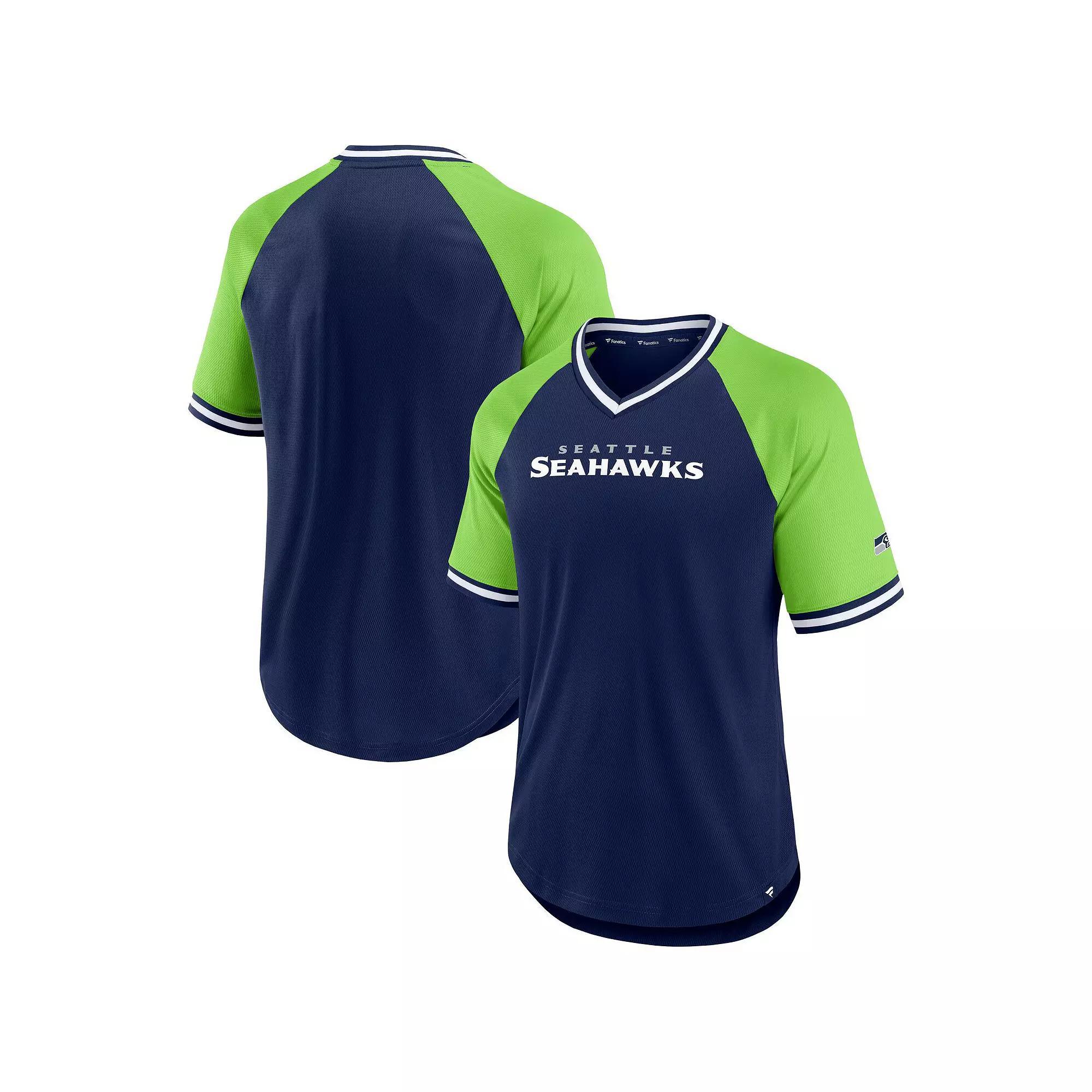 Men's Fanatics Branded College Navy/Neon Green Seattle Seahawks Second Wind Raglan V-Neck T-Shirt, Size: XL, Blue Product Image