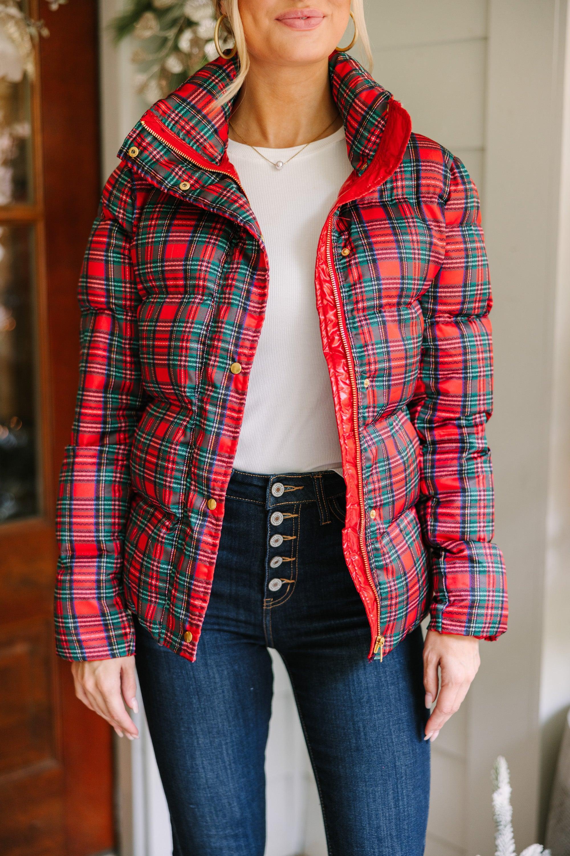 More The Merrier Red Tartan Plaid Puffer Jacket Female Product Image