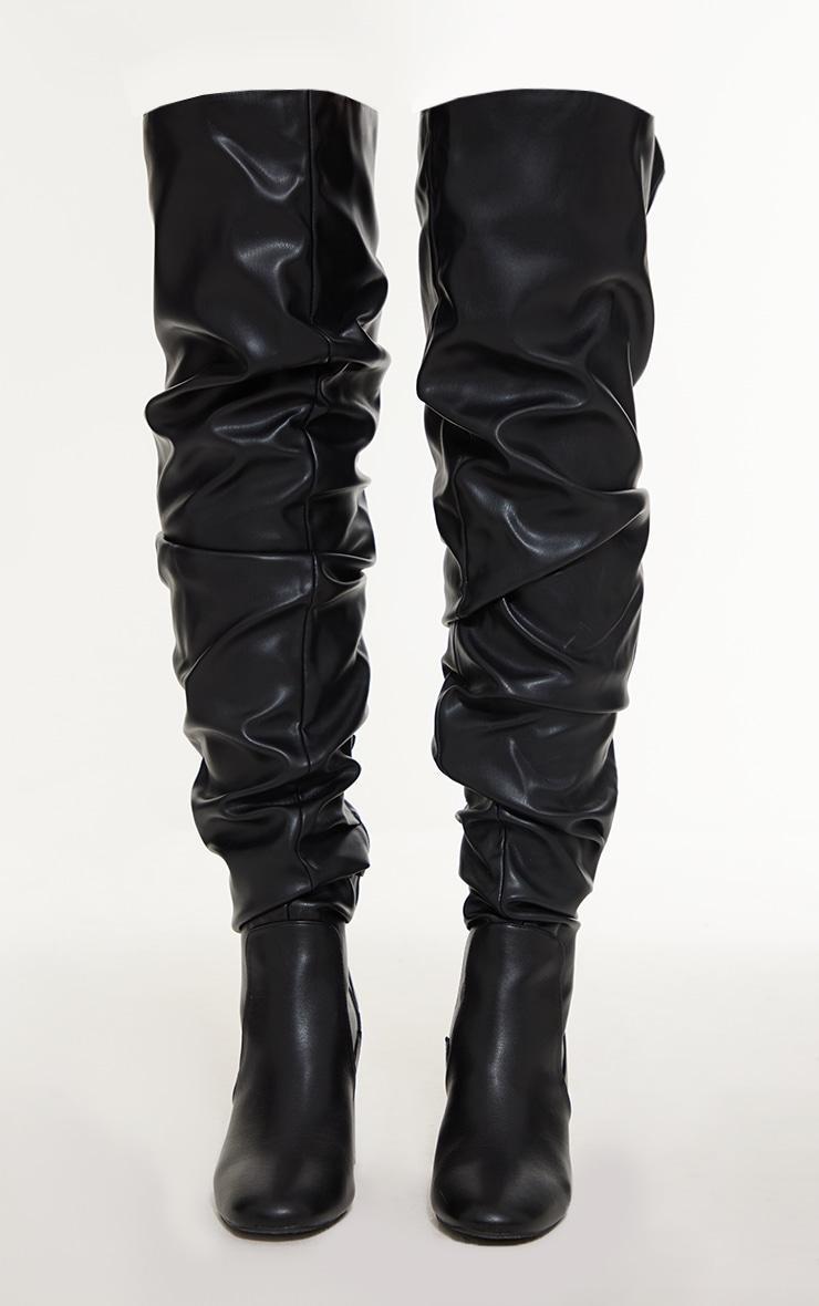 Black Pu Round Toe Ruched Over The Knee Block Heeled Boots Product Image