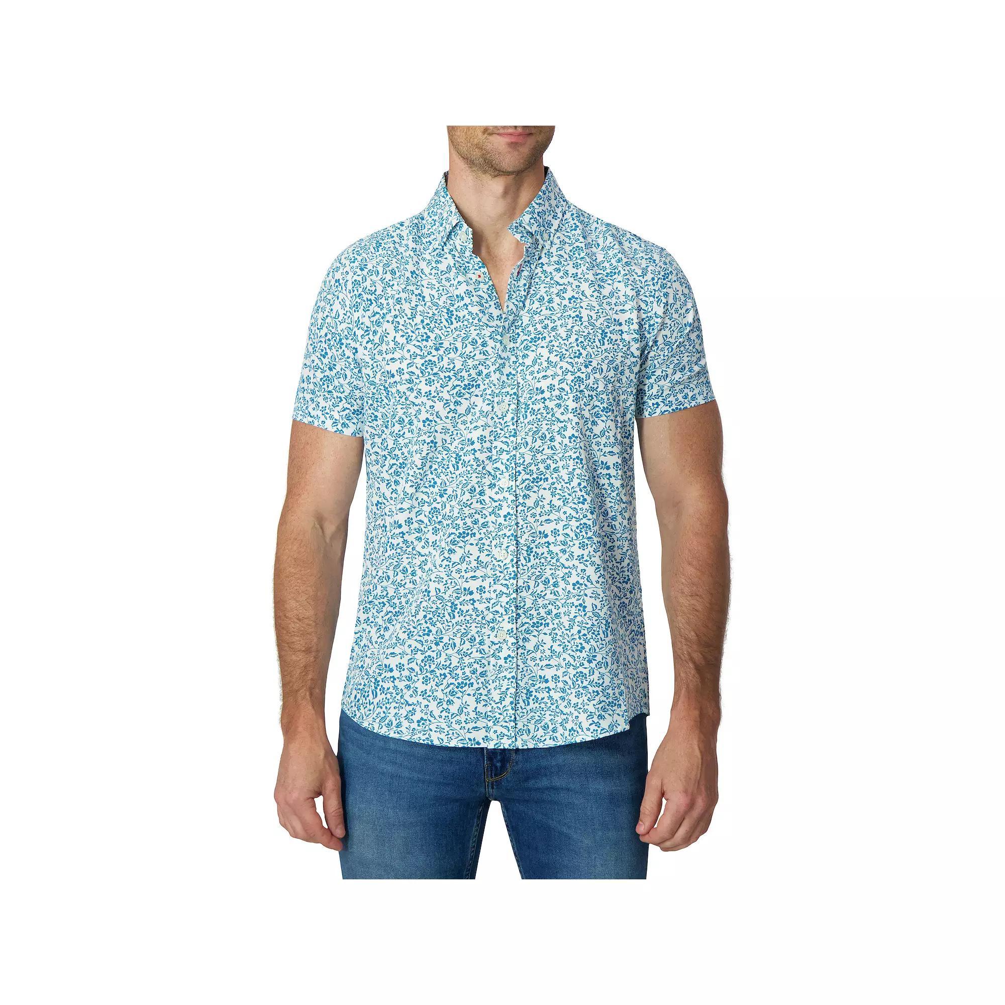 Men's Report Collection Short Sleeve Stretch Tropical Print Woven Button-Down Shirt, Size: Large, Blue Product Image