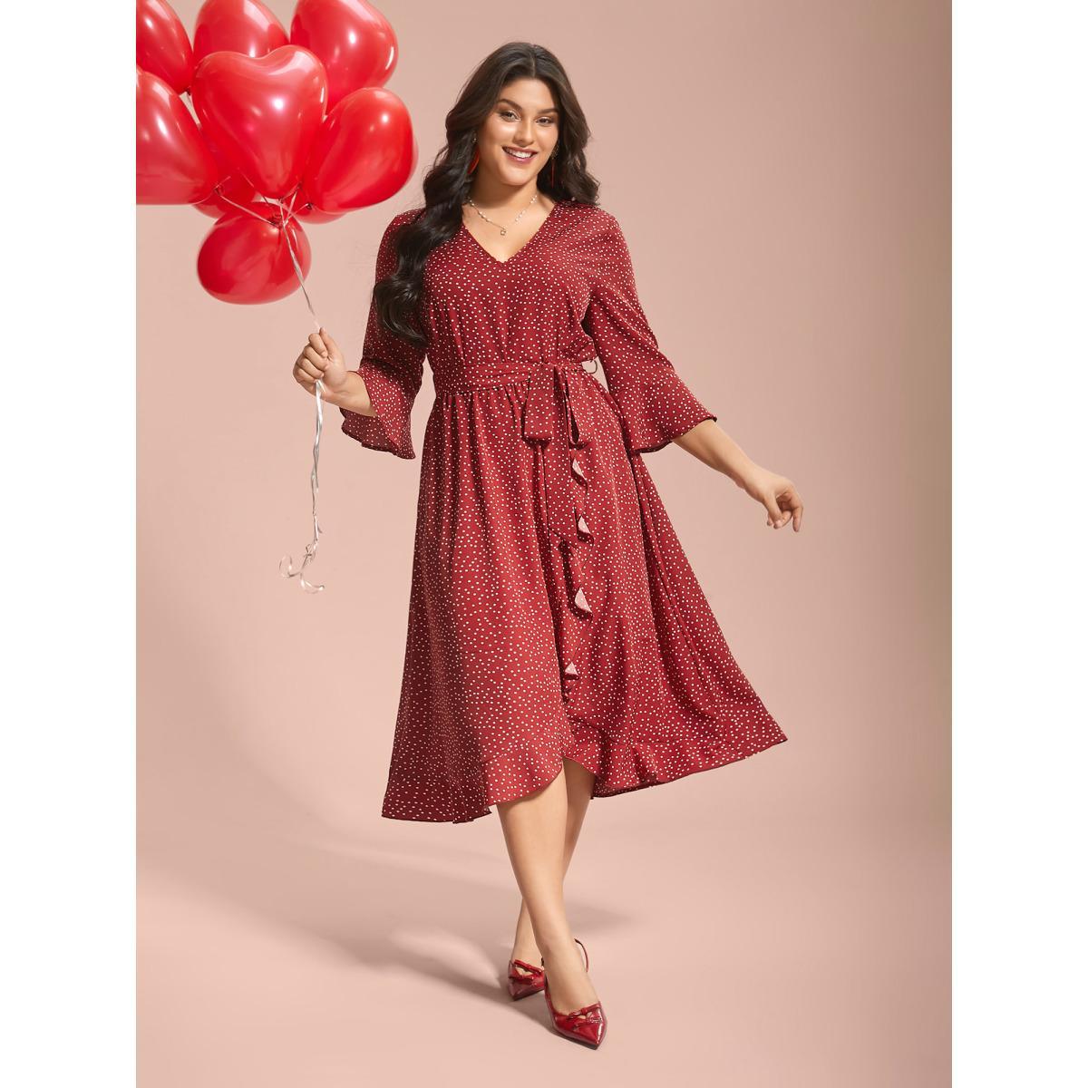 Plus Size Polka Dots Waist-Tie Ruffled Midi Dress Scarlet Women Romantic Overlapping V-neck Elbow-length sleeve Curvy BloomChic 26/4X Product Image