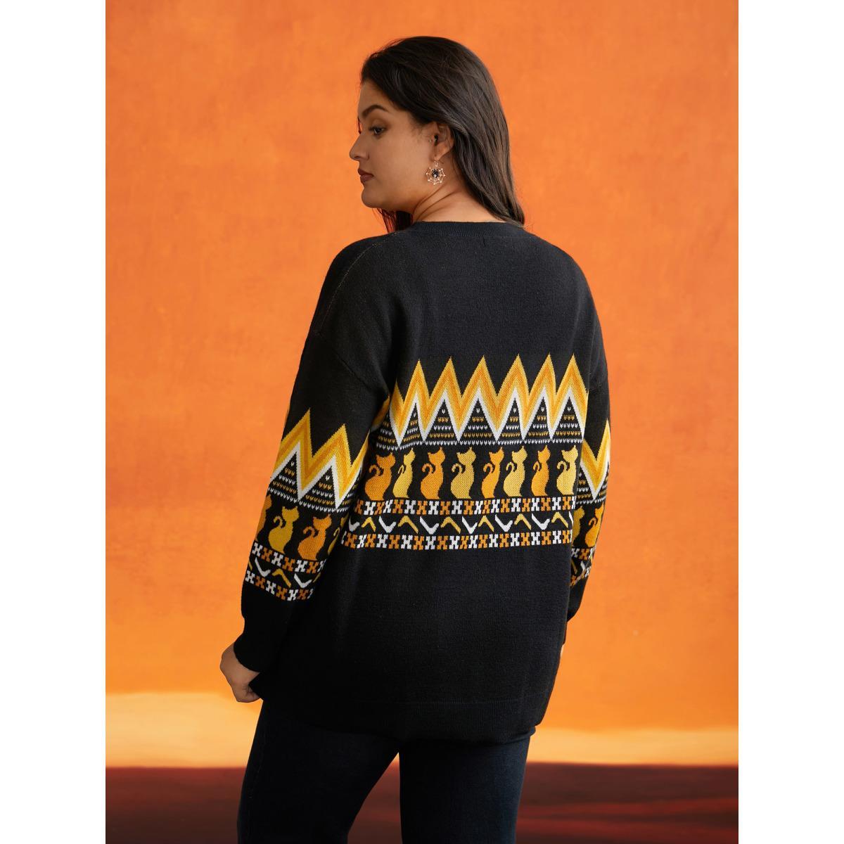 Plus Size Cat Printed Jacquard Fair Isle Pullover Black Women Casual Long Sleeve Round Neck Everyday Pullovers BloomChic 18-20/2X Product Image