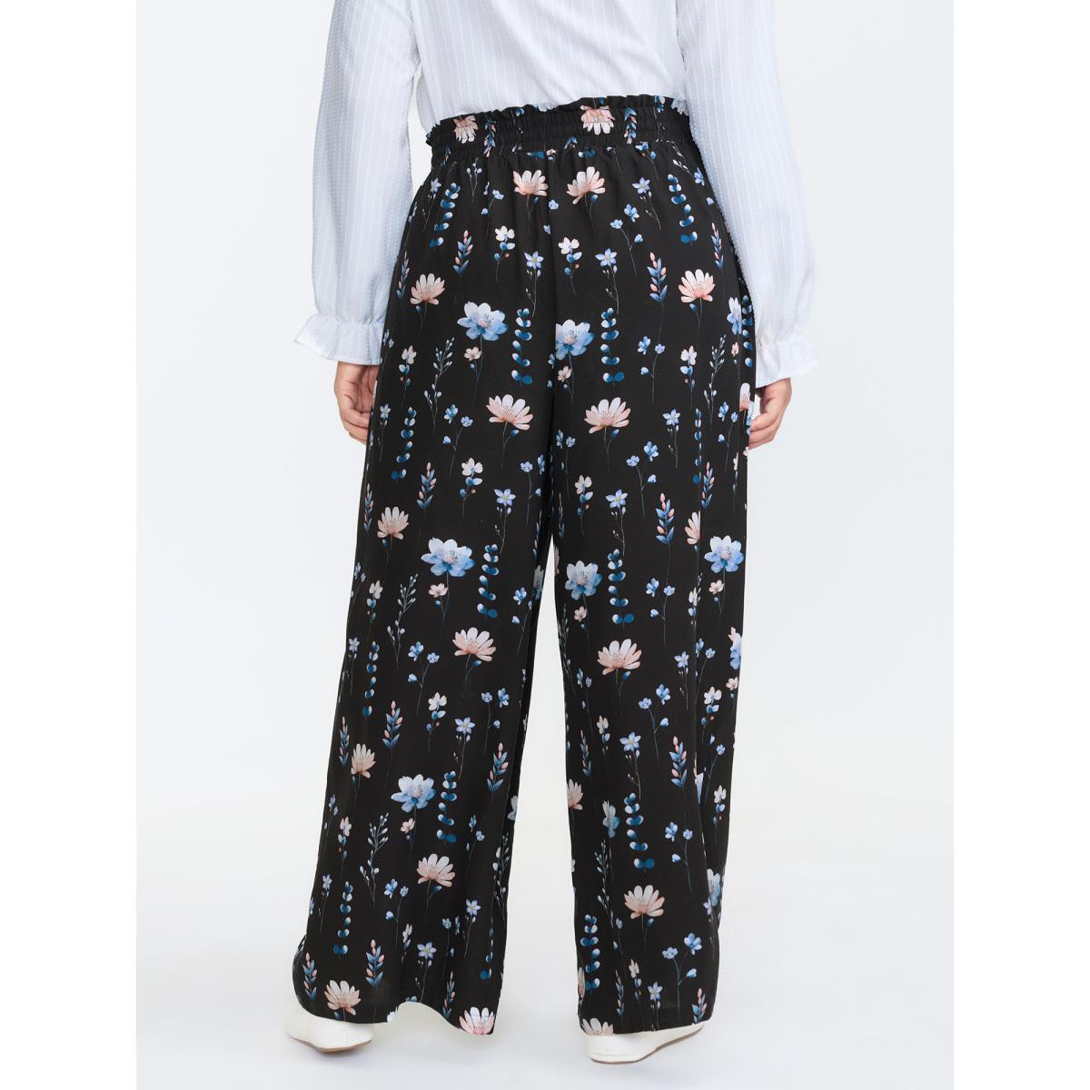 Plus Size Floral Print Drawstring Waist Loose Fit Pants Women BlackFlower Leisure Straight Leg Mid Rise Casual Pants BloomChic 18-20/2X Product Image