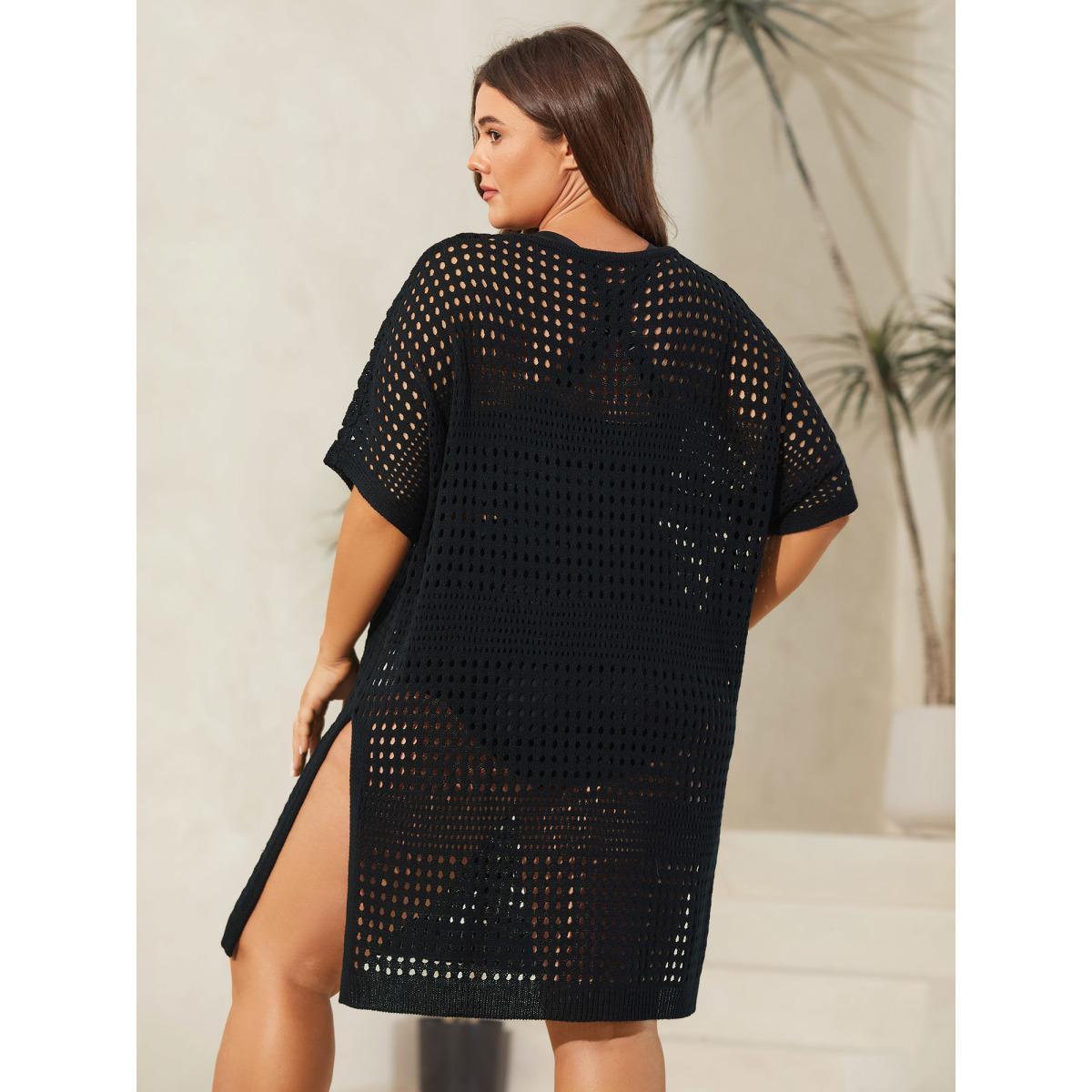 Plus Size Cut-Out Textured Buttons Swim Cover-Up Women's Swimwear Black Beach Loose Texture Curve Swim Cover Ups BloomChic 26/4X Product Image