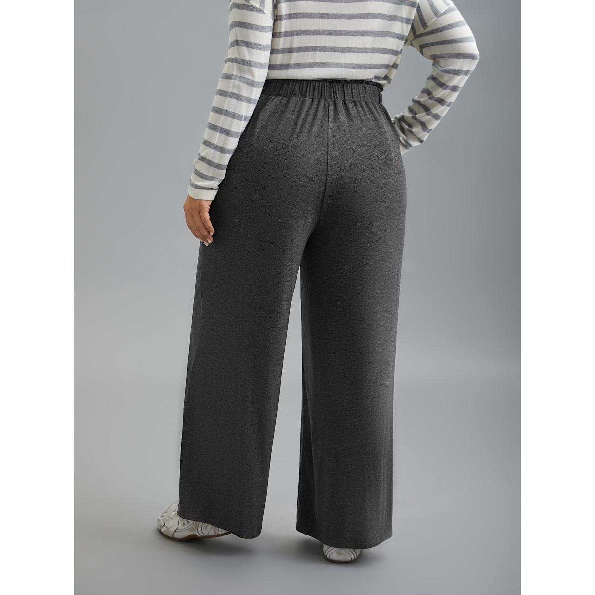 Plus Size Button-Front Ruffled Waist Stretchy Pants Women DimGray Casual Wide Leg Mid Rise Everyday Pants BloomChic 26/4X Product Image