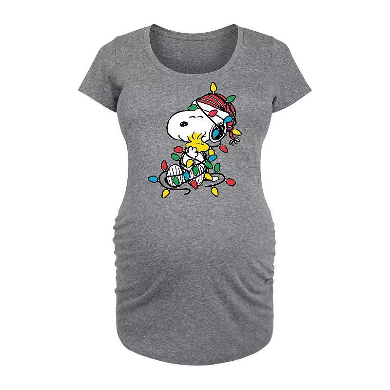 Maternity Peanuts Snoopy Woodstock Xmas Lights Graphic Tee, Womens Grey Gray Product Image