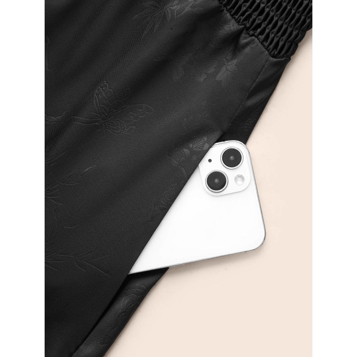 Plus Size Overlap Collar Textured Shirred Lace Trim Dress Black Women Cocktail Woven ribbon&lace trim Overlap Collar Long Sleeve Curvy BloomChic 10/M Product Image