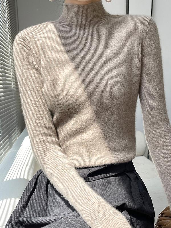 Casual Skinny Long Sleeves Solid Color Half Turtleneck Sweater Tops Product Image