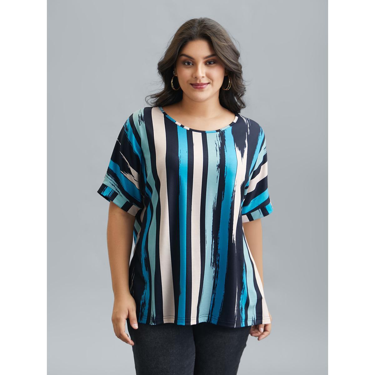 Plus Size Striped Print Dolman Sleeve T-Shirt Multicolor Women Casual Contrast Round Neck Everyday T-shirts BloomChic 10/M Product Image