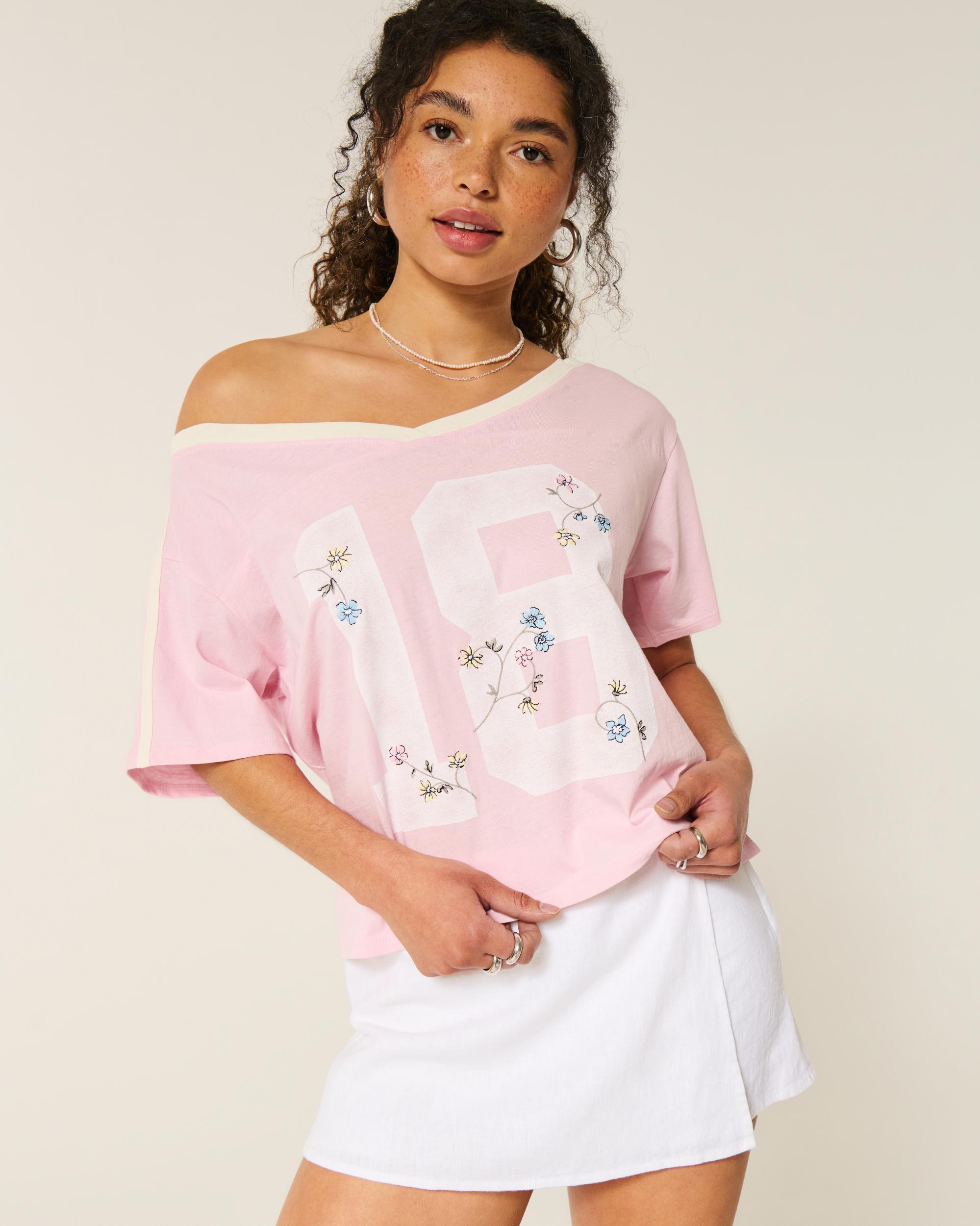Oversized Off-the-Shoulder Varsity Floral Graphic Tee Product Image