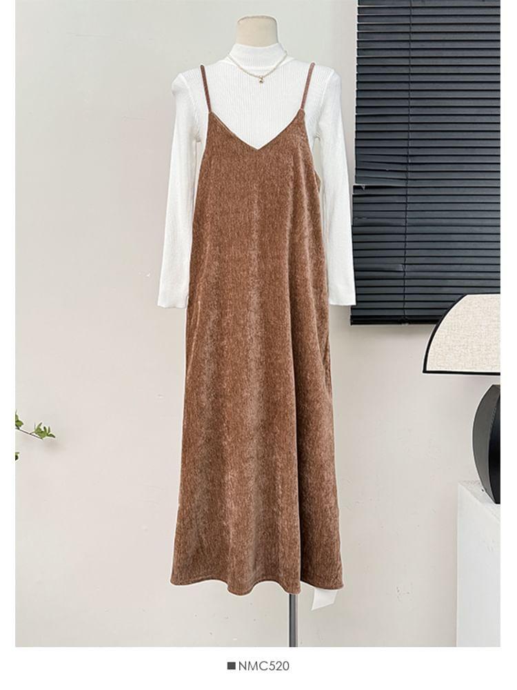 Set: Sleeveless Loose A-Line Dress + Mock-Neck Knit T-Shirt Product Image