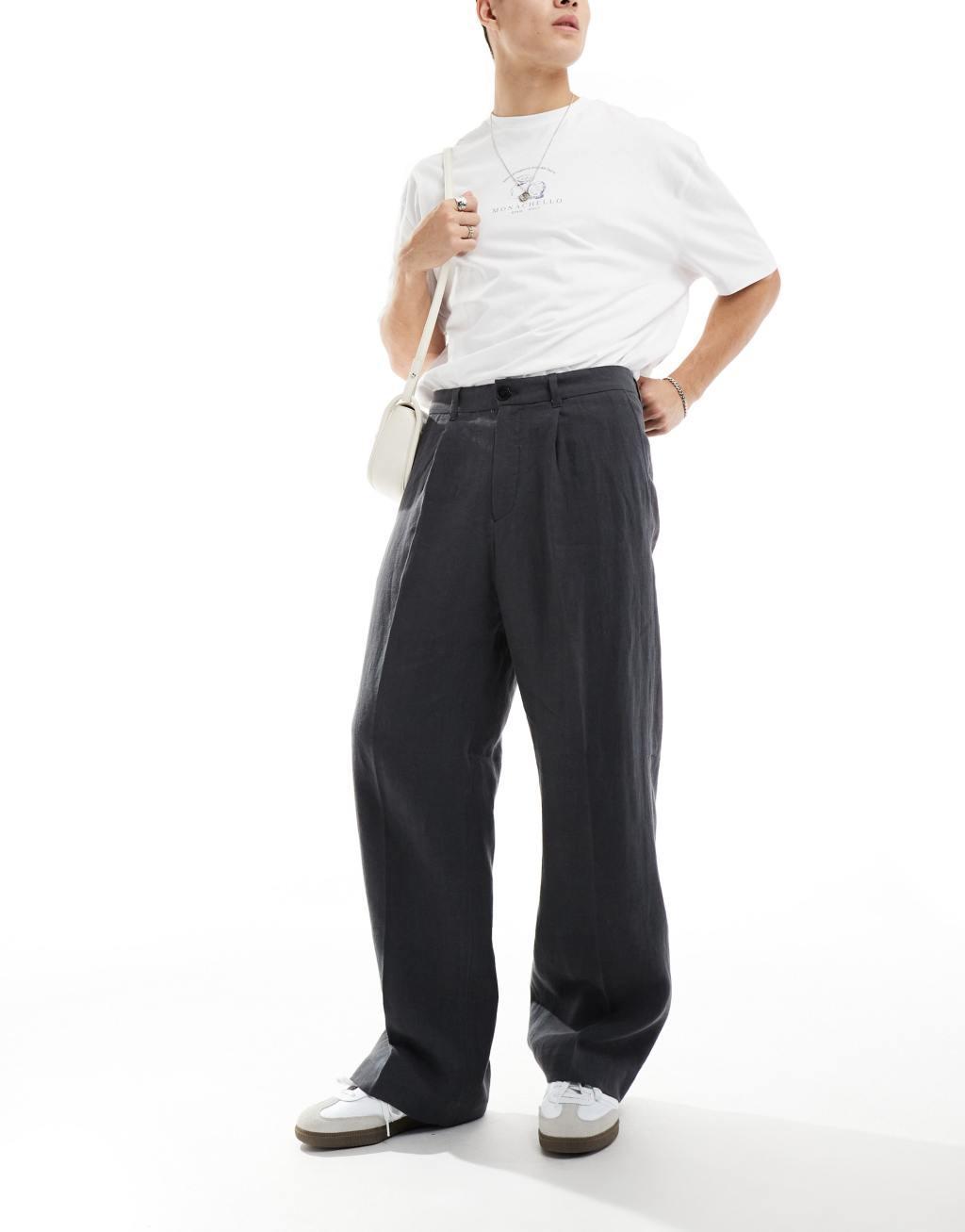 Weekday linen relaxed fit tailored pants in washed black Product Image