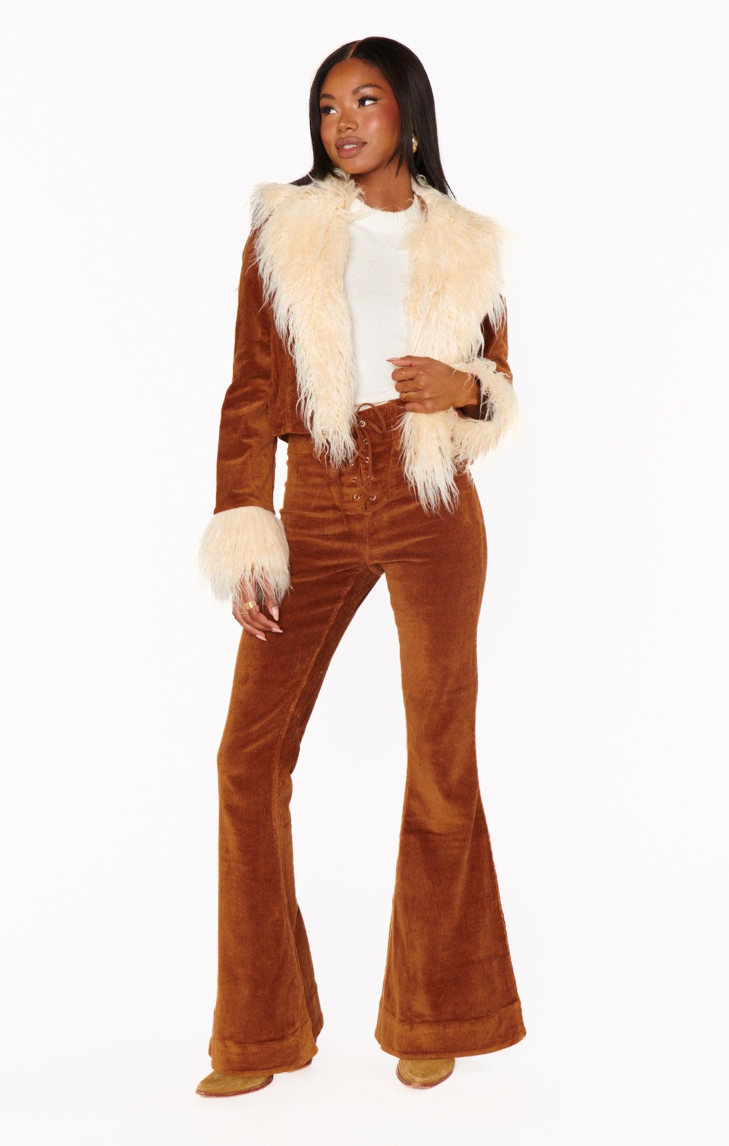 Penny Lane Cropped Coat ~ Saddle Brown Cord w/Faux Fur Product Image