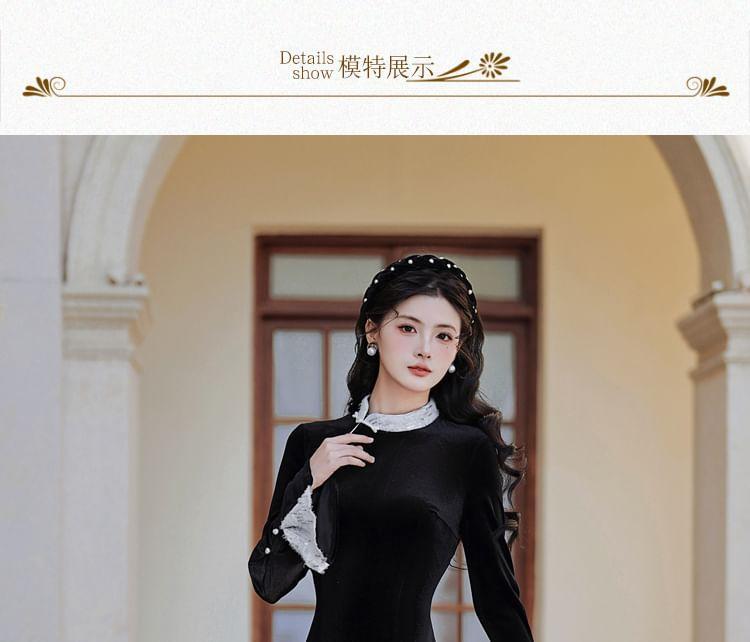 Long Sleeve Mandarin Collar Lace Trim Mock Two Piece Maxi A-Line Dress Product Image