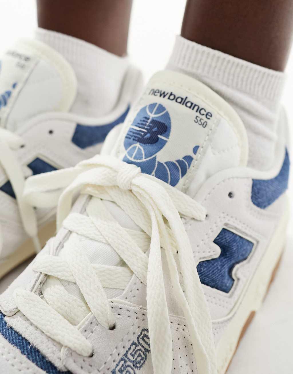 New Balance 550 gum sole sneakers in white with denim blue detail Product Image