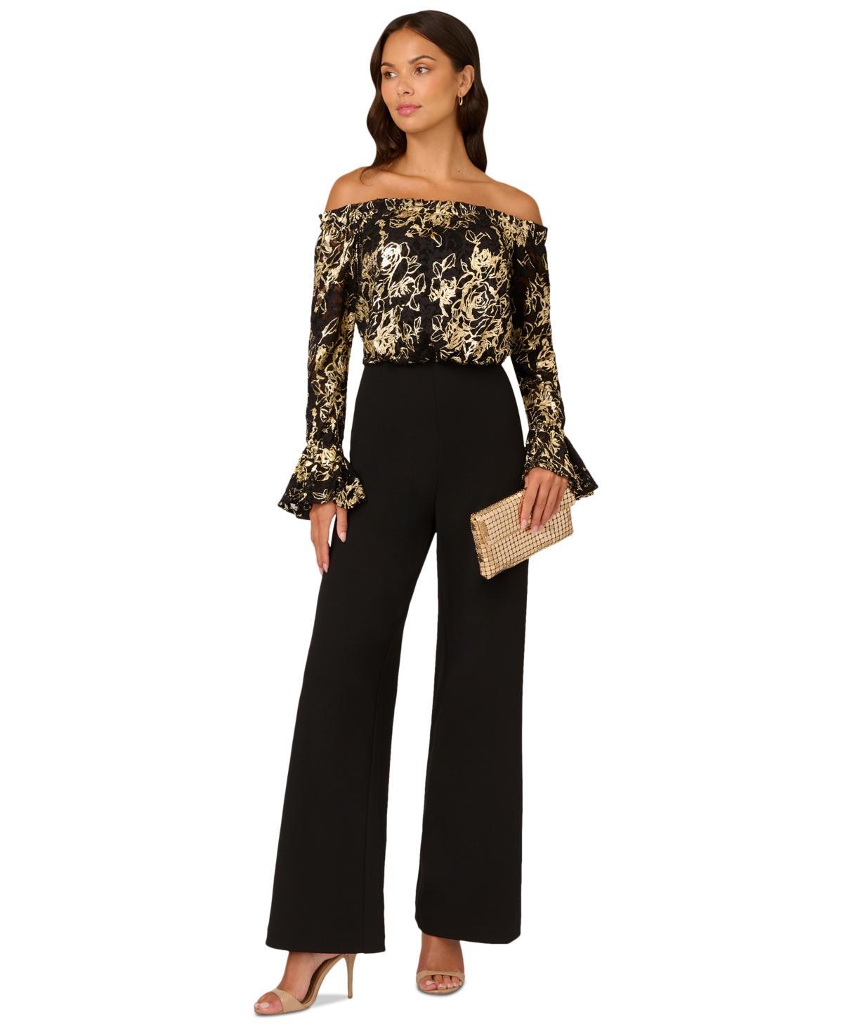 Adrianna Papell Lace and Crepe Jumpsuit (Black Women's Dress Product Image