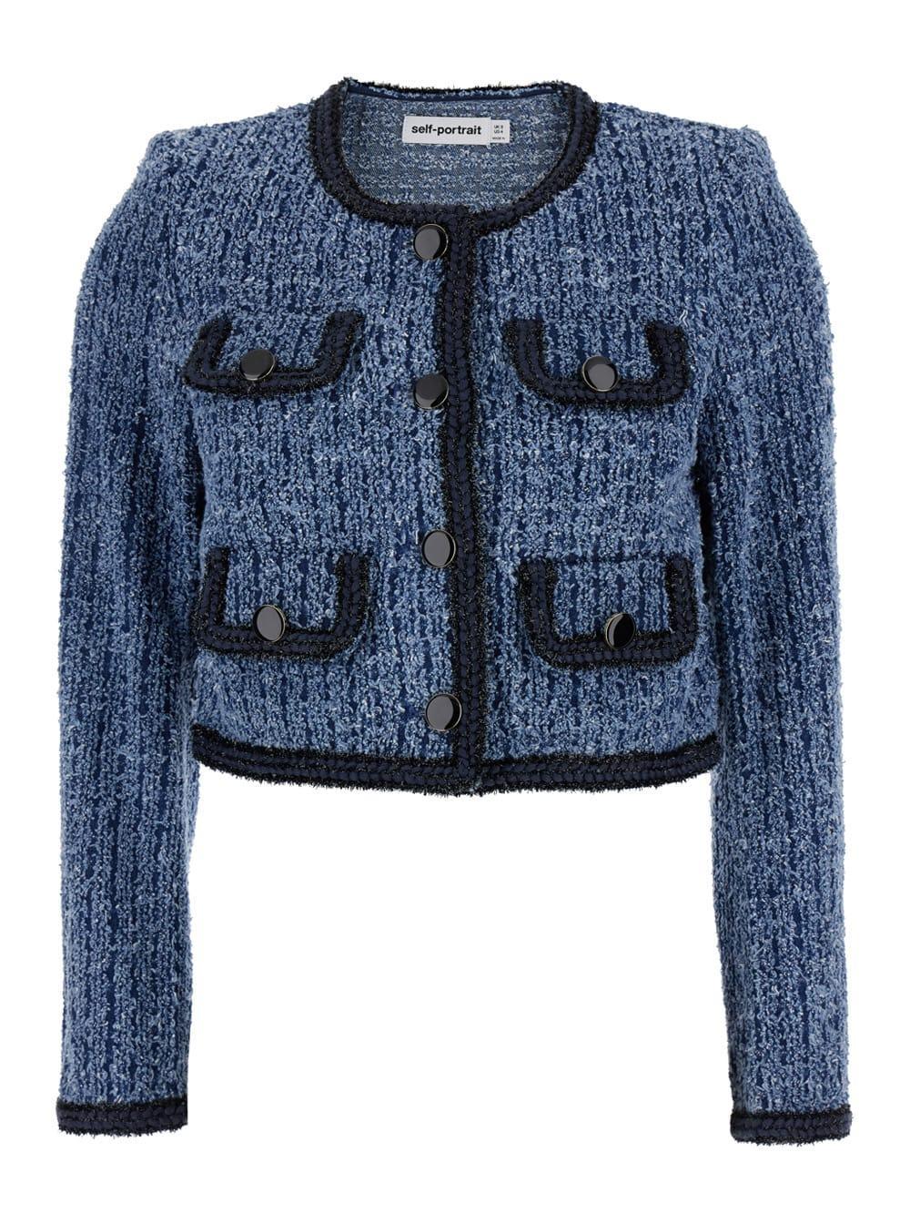 Blue Cropped Jacket With Patch Pocket In Textured Denim Woman Product Image