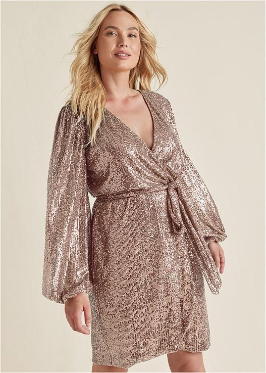 Belted Sequin Wrap Dress Product Image