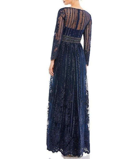 Mac Duggal Mesh Deep V-Neck Sheer Long Sleeve Beaded Belt Sequin Gown Product Image