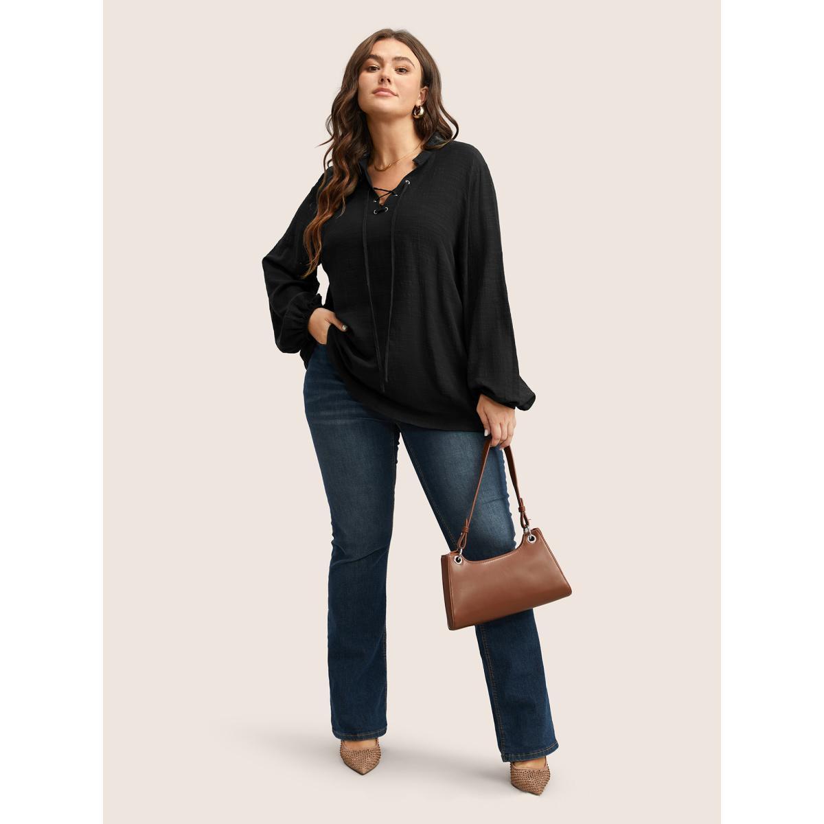 Plus Size Black Plain Lace Up Lantern Sleeve Blouse Women Casual Long Sleeve Shirt collar Everyday Blouses BloomChic 26/4X Product Image